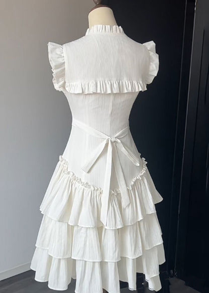 French White Ruffled Lace Up Cotton Dress Sleeveless
