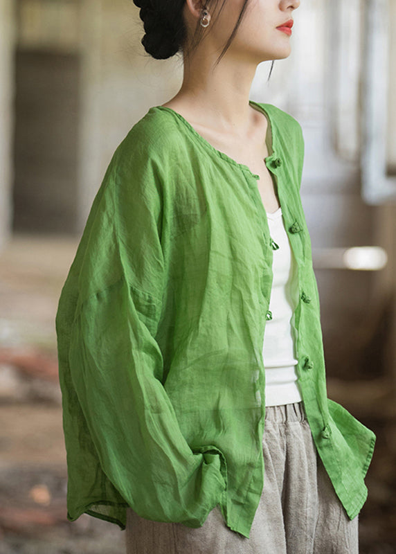 Natural Green Tops Button O-neck Ramie Fall