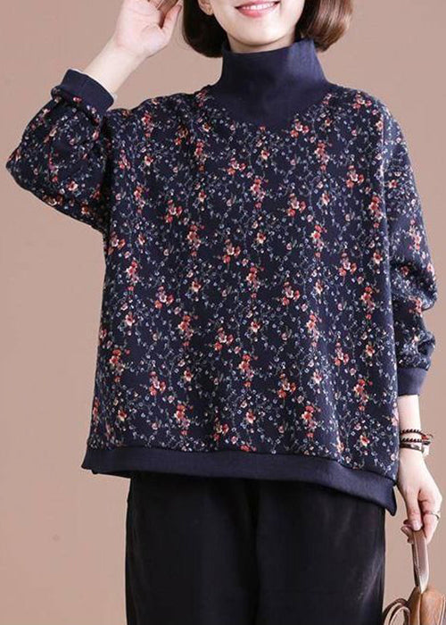 Black Turtleneck Print Patchwork Warm Fleece Tops Long Sleeve