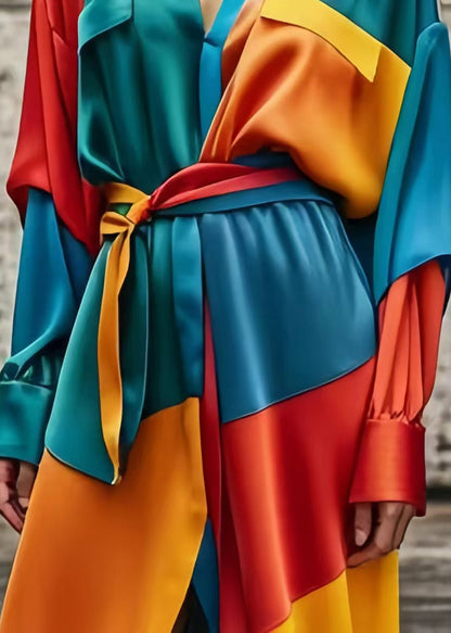 Colorblock Asymmetrical Patchwork Tie Waist Silk Dress Spring