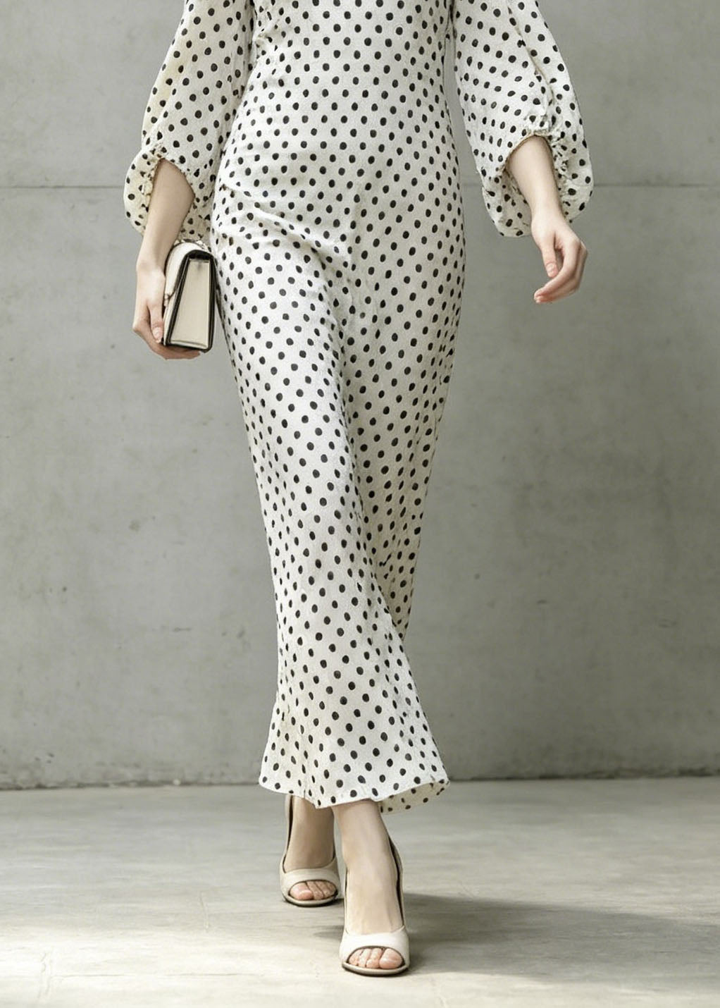 White V Neck Dot Print Chiffon Dresses Lantern Sleeve