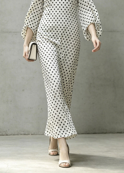 White V Neck Dot Print Chiffon Dresses Lantern Sleeve