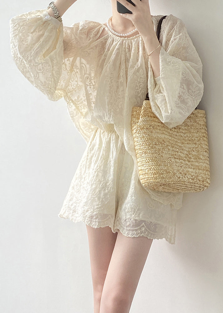 Art Beige Embroidered Tops and Shorts Cotton Two Piece Set Spring