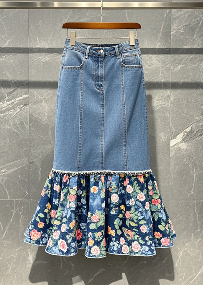 Blue Patchwork Print Denim Wraped Skirt Fall