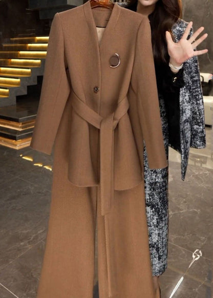 French Caramel Tie Waist Coats and Wide Leg Pants Two Piece Set Winter