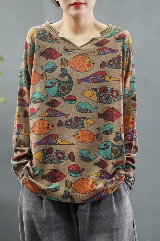 Retro Fish Print Knitted Sweater