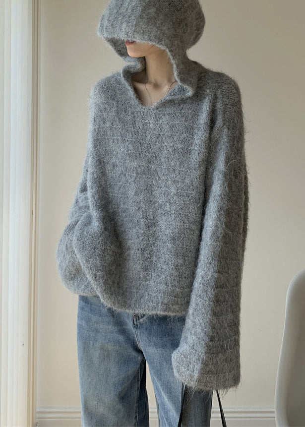 Grey Hooded Cotton Knit Sweaters Winter