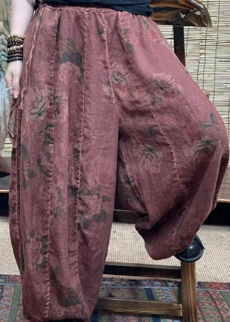 Green Pockets Patchwork Linen Lantern Pants Elastic Waist Summer