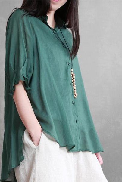 Summer Loose Cotton Linen Shirt Short Blouse