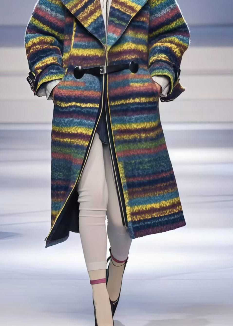 Multicolor Oversized Striped Woolen Trench Fall