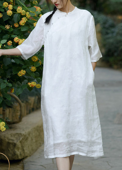 Original Design White Embroideried Linen Long Dresses Summer