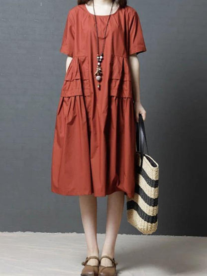 Italian O Neck Pockets Cotton Clothes for Outfits Red Dress