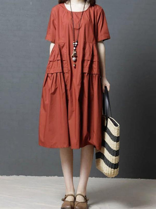 Italian O Neck Pockets Cotton Clothes for Outfits Red Dress