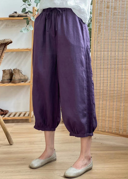 Linen Color Hollow Out Pockets Elastic Waist Harem Pants Summer