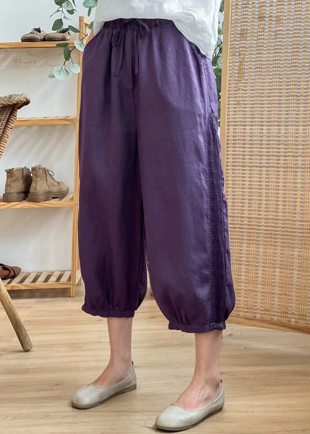 Linen Color Hollow Out Pockets Elastic Waist Harem Pants Summer