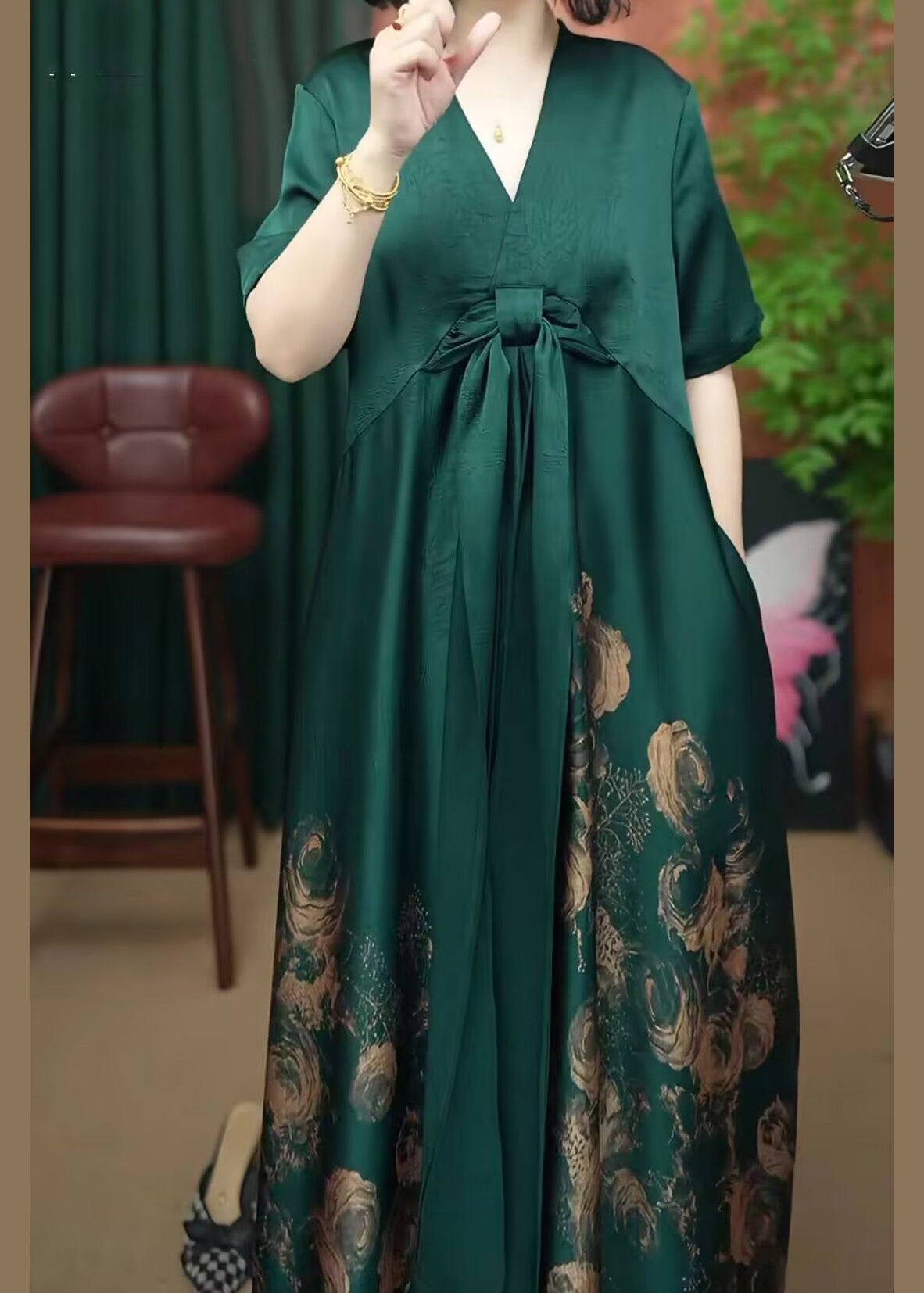 Rose V Neck Print Patchwork Silk Long Dress Summer