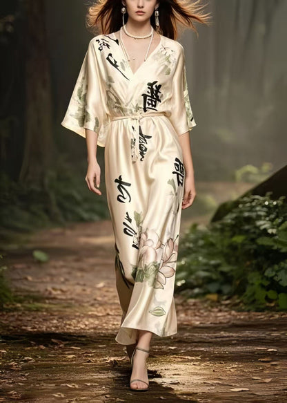 Apricot V Neck Print Draping Silk Long Dress Summer