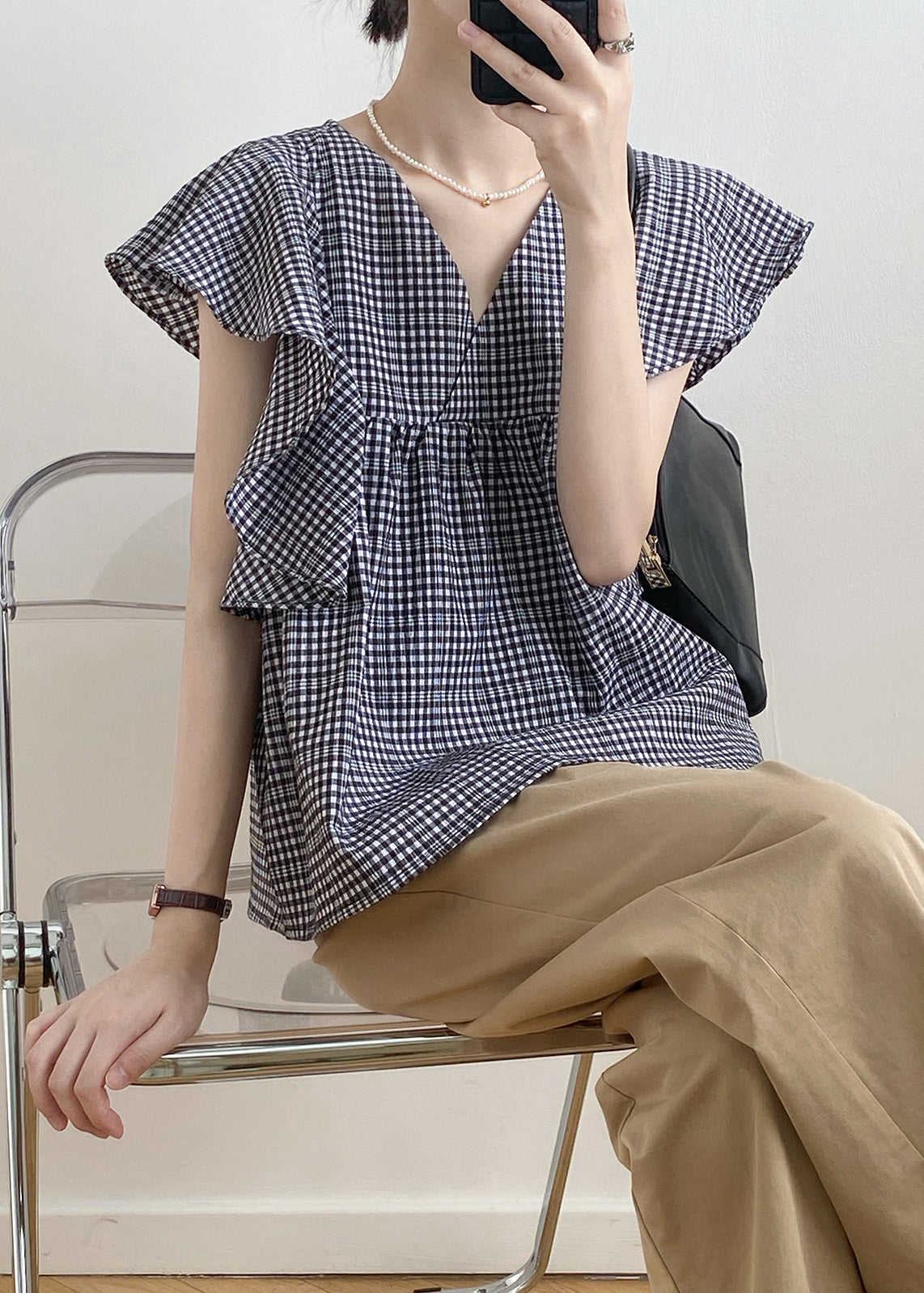 V Neck Plaid Cotton Shirts Top Butterfly Sleeve