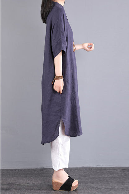 -summer Short-sleeved Long Shirt Color Cotton Linen Dress