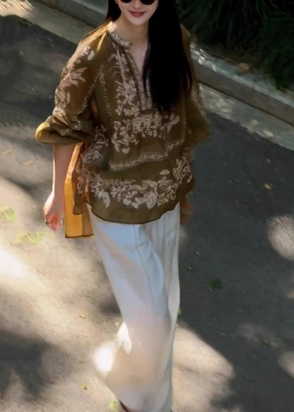 Brown Oversized Print Linen Shirt Top Fall