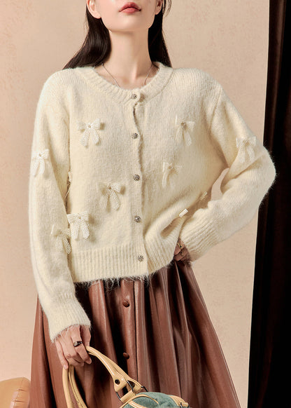 White Button Bow Patchwork Cotton Knit Sweaters Winter