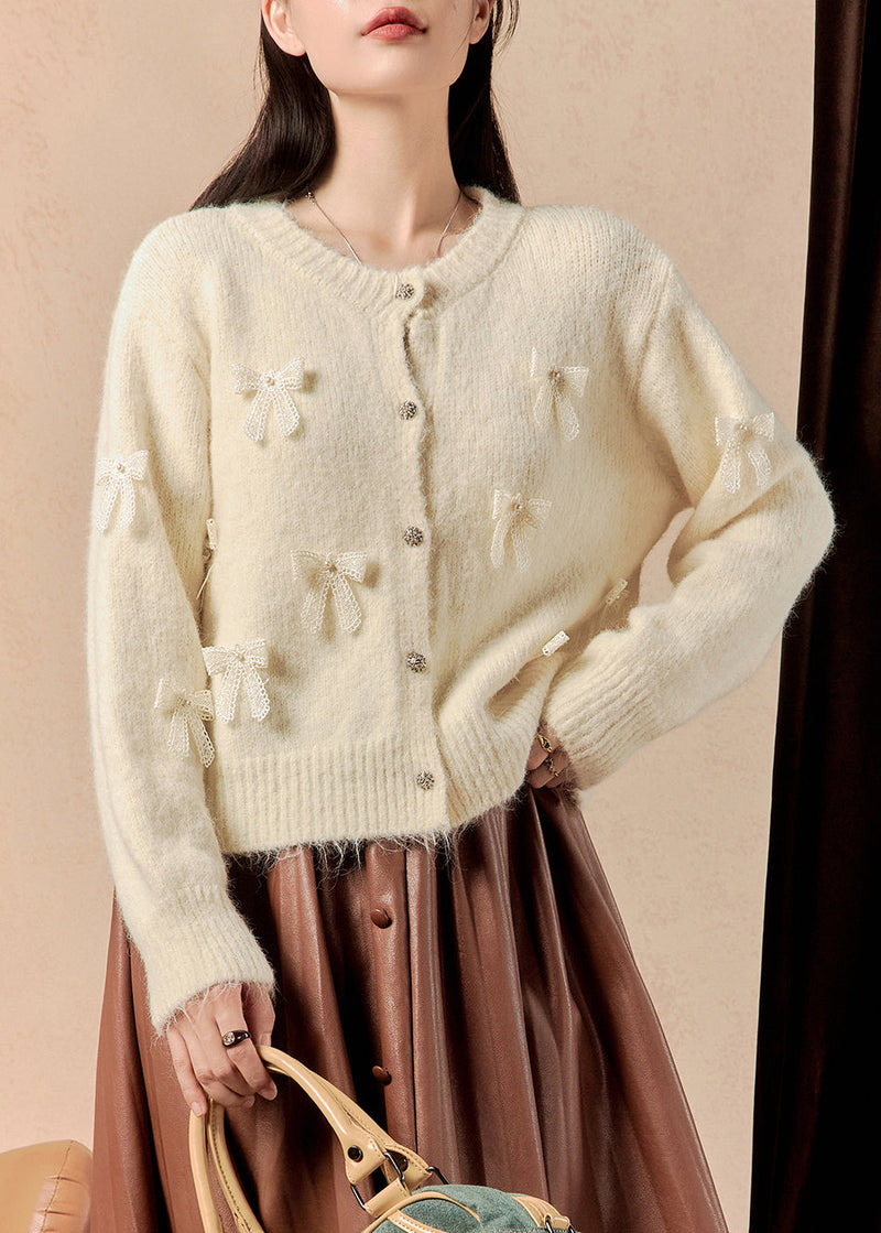 White Button Bow Patchwork Cotton Knit Sweaters Winter