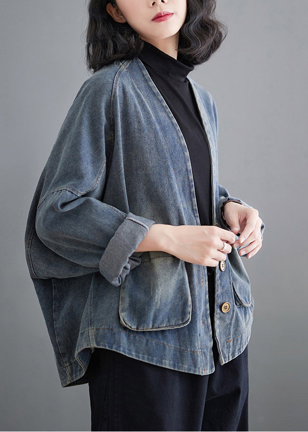 Blue Oversized Pockets Denim Coat Outwear Spring