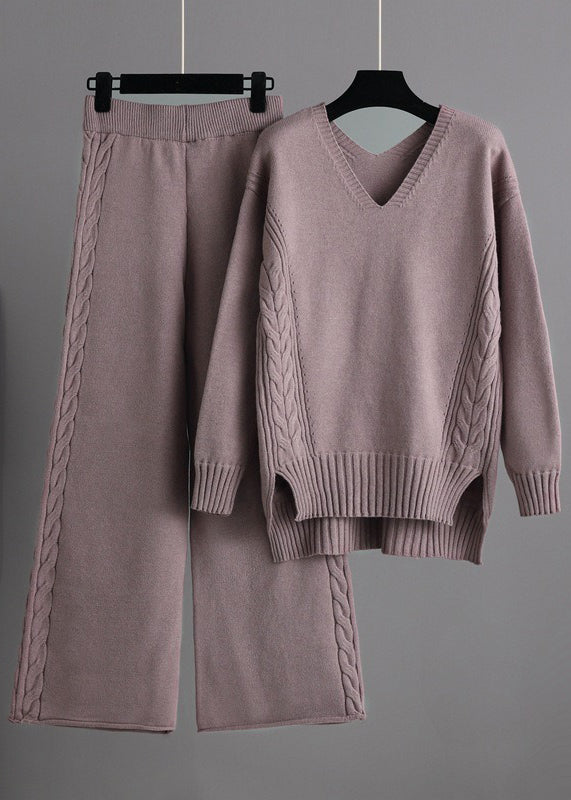 New Apricot V Neck Sweaters and Pants Knit Two Pieces Set Winter