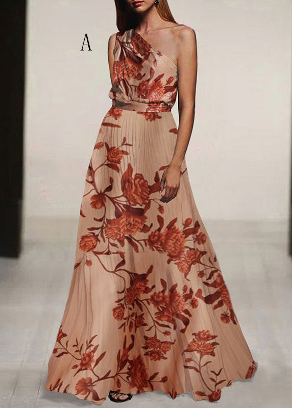 New One Shoulder Print Wrinkled Chiffon Dress Summer