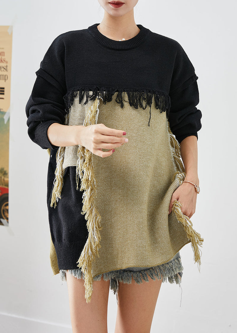 Black Asymmetrical Patchwork Tasseled Knitted Tops Winter