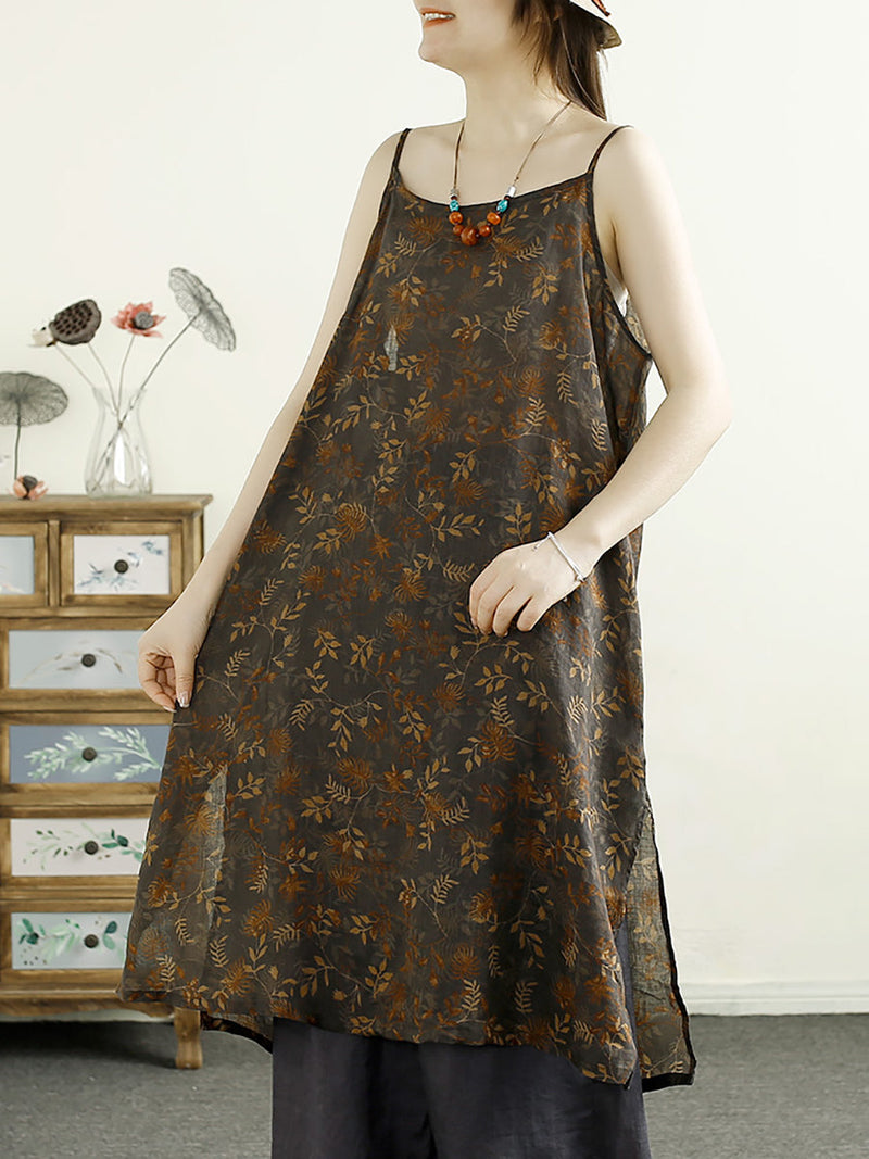 Summer Flower Ramie Vest Dress