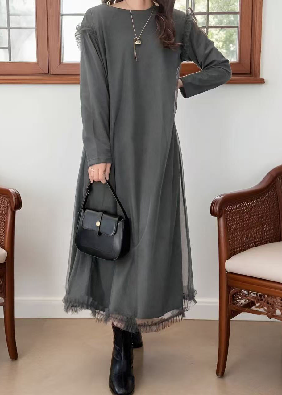 Grey Oversized Patchwork Tulle Robe Dresses Spring