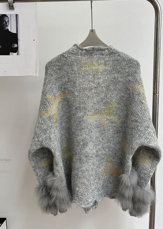 Modern Light Grey V Neck Fur Cotton Knit Cardigans Spring