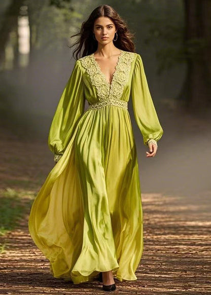 Green Wrinkled Chiffon Long Dresses V Neck Spring