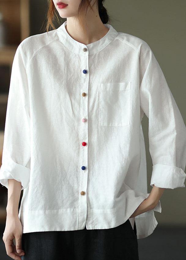 Modern White-little Flower Loose Patchwork Pockets Fall Long Sleeve Blouse Top
