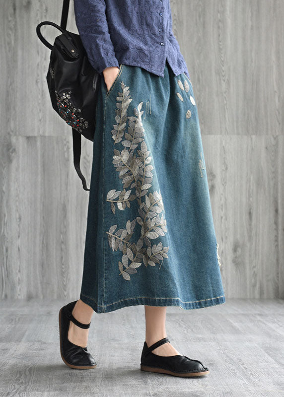 Natural Dark Blue Pockets Embroidered Cotton Denim Skirts Spring