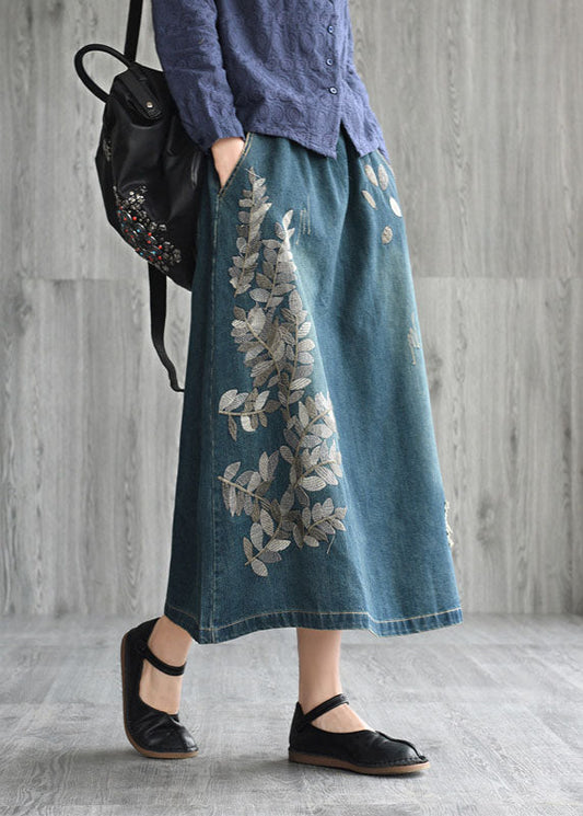 Unique Navy Patchwork Embroidered Denim Skirt Spring
