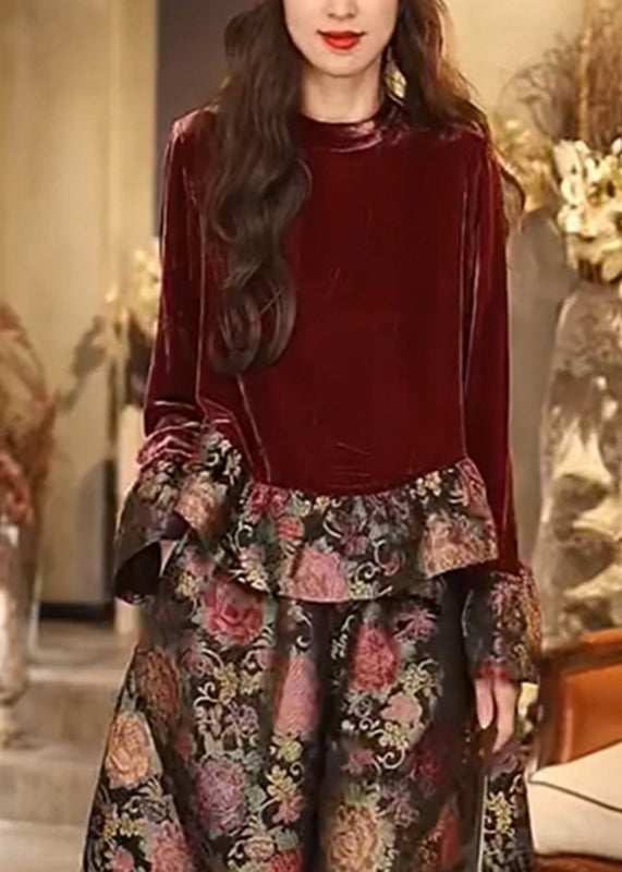 Original Design Red Print Top and Pants Two Pieces Set Fall