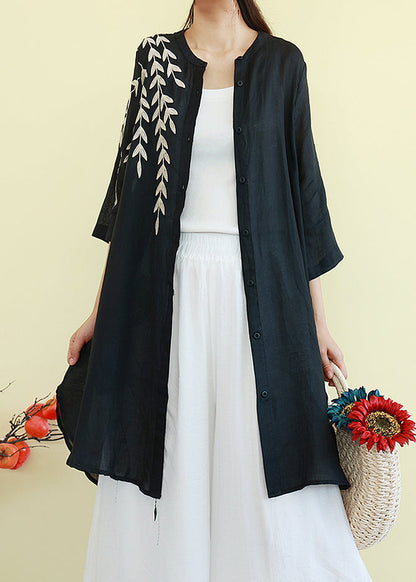 Black Embroidered Linen Shirt Dresses Summer