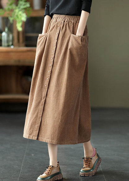 Khaki Elastic Waist Button Pockets Corduroy Skirts Spring