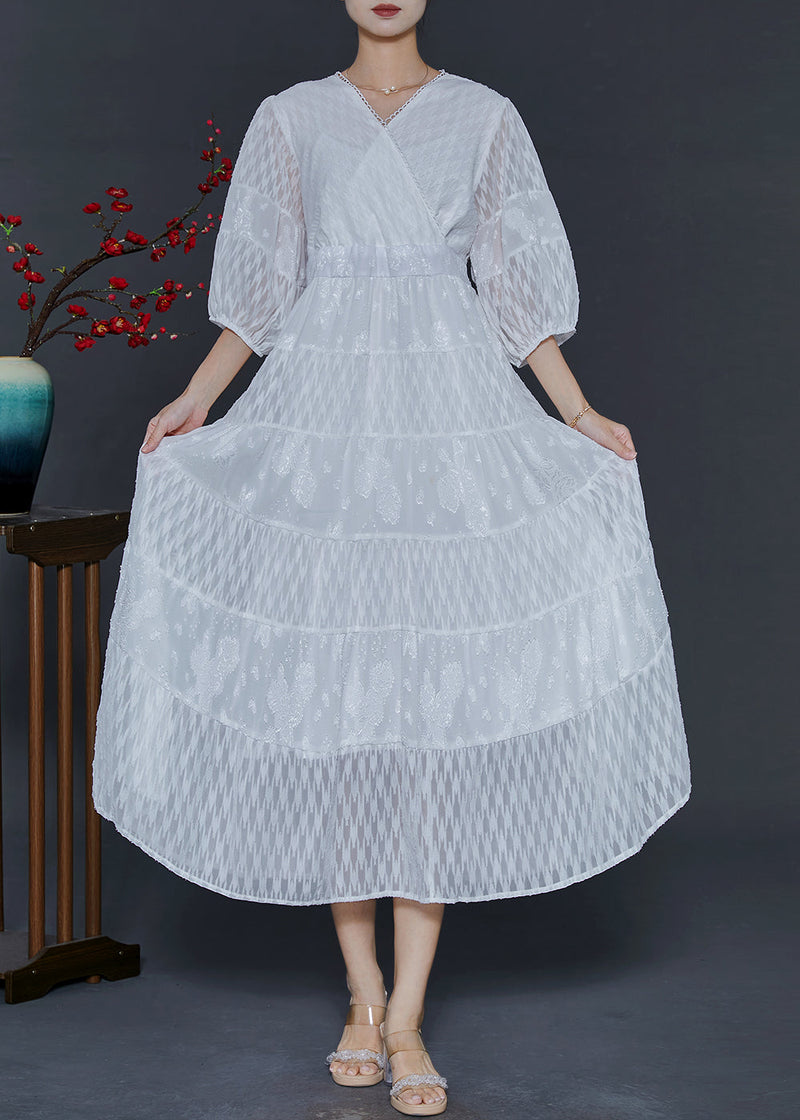 White V Neck Patchwork Chiffon Vacation Dresses Summer