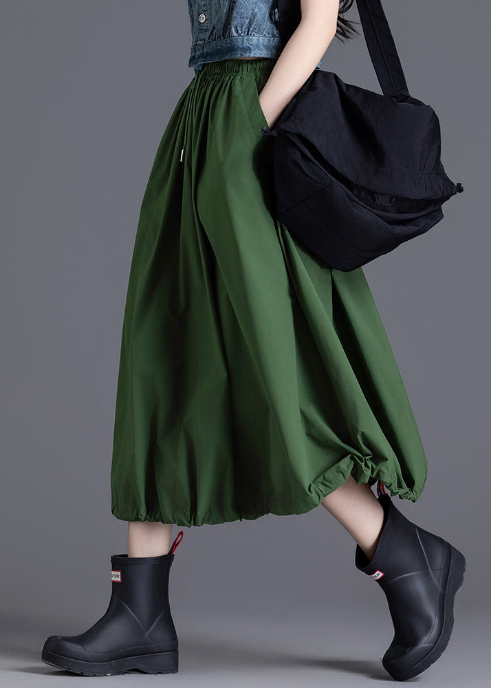 Diy Army Green Elastic Waist Drawstring Cotton Skirt Spring