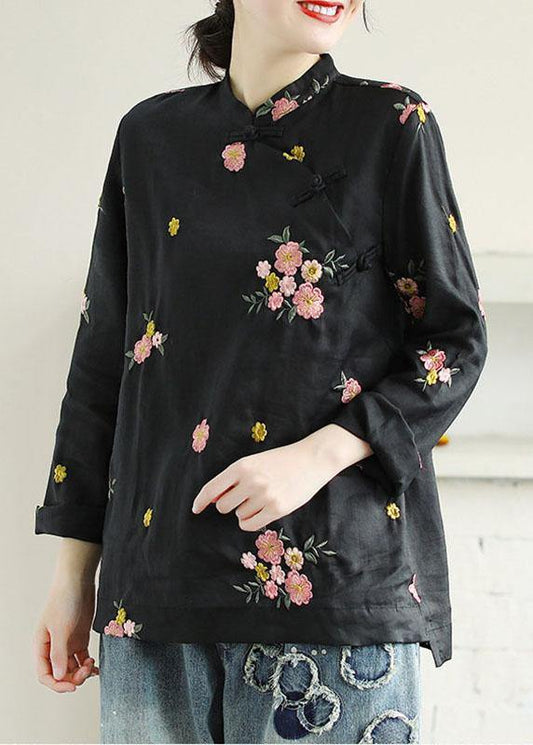 Black Embroidered Stand Collar Button Fall Long Sleeve Shirt