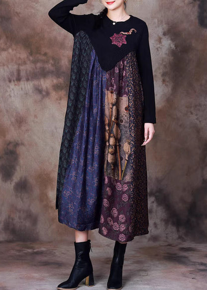 Blue Print Knit Patchwork Long Dress Winter