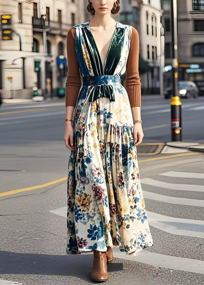 V Neck Patchwork Print Silk Velvet Long Dress Fall