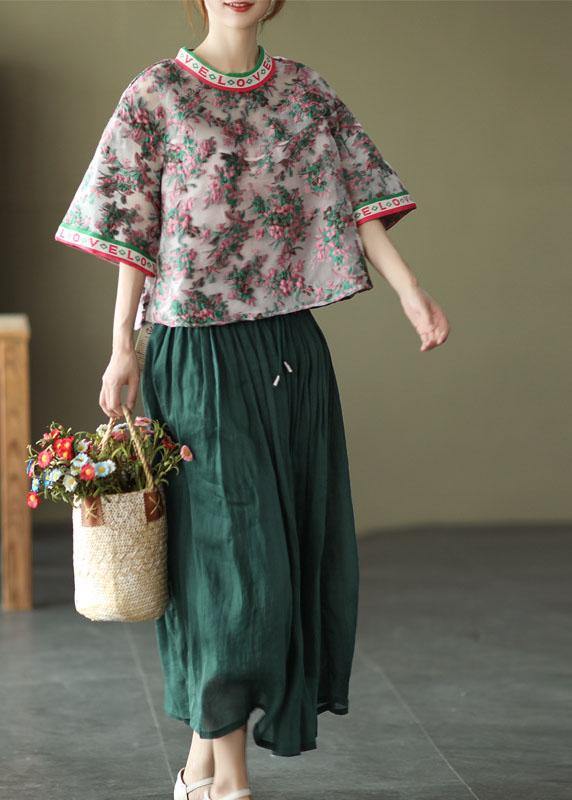 Embroidered Retro O-neck Summer Blouses Half Sleeve