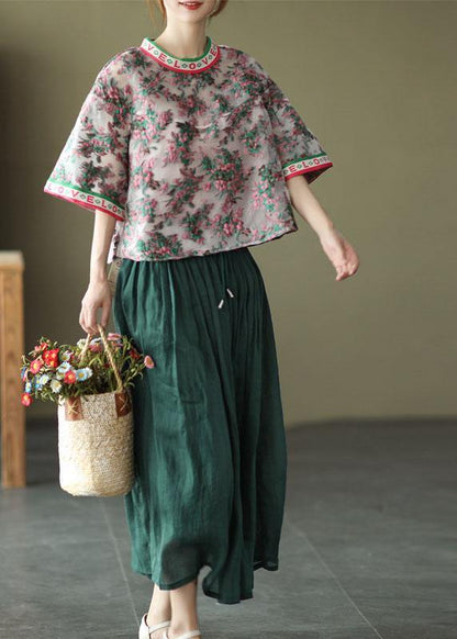 Embroidered Retro O-neck Summer Blouses Half Sleeve
