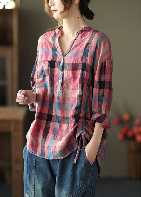 French Pink Retro Plaid Button Fall Shirts Long Sleeve