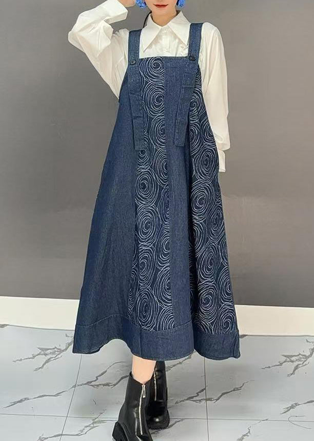 Denim Blue Slash Neck Print Long Spaghetti Strap Dress Spring