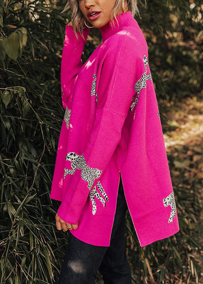 Rose Hign Neck Side Open Knit Sweaters Batwing Sleeve